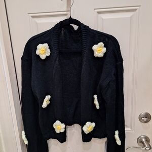 Black Floral Appliqué Open Cardigan Sweater